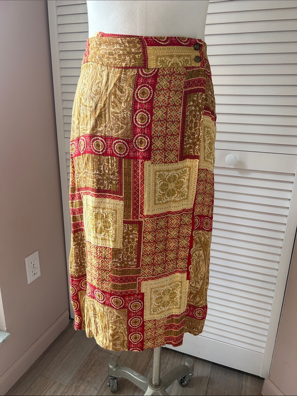 Kate Hill Silk linen blend Red and Gold Patchwork wrap Midi Skirt size 2P